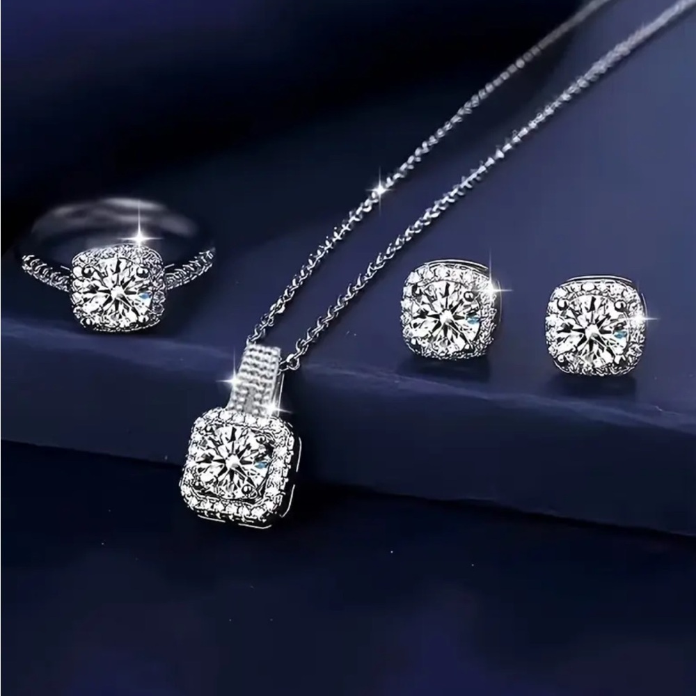 Sterling Silver Cubic Zirconia Pendant Necklace and Stud Earrings Set with ring